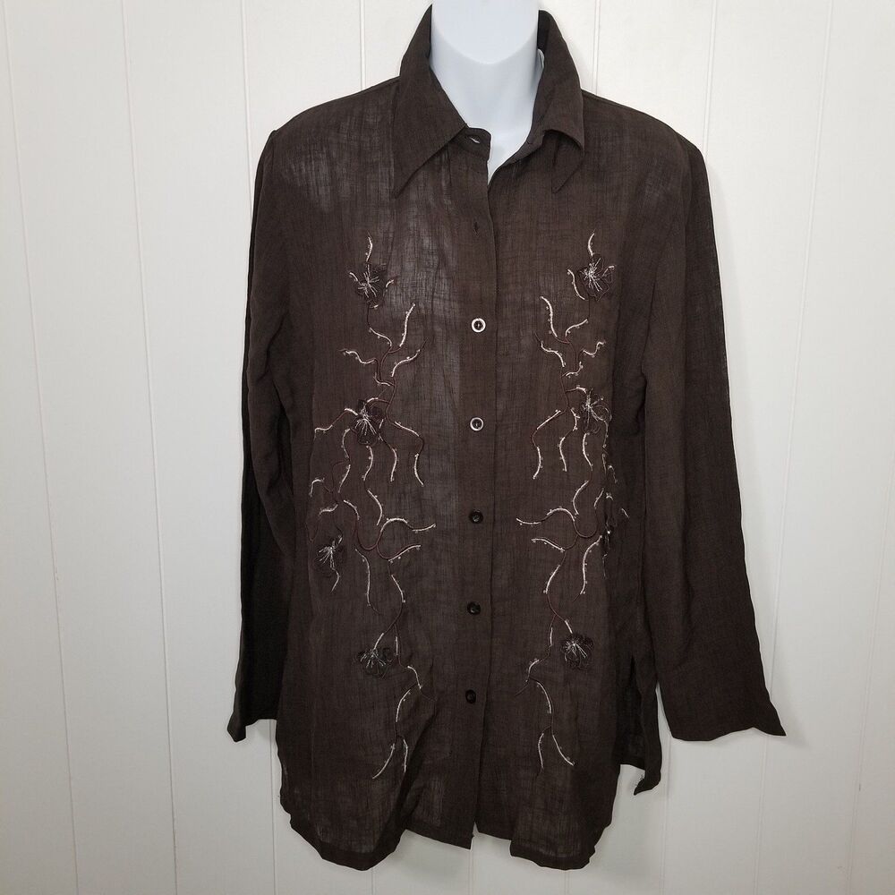 Women's Top Blouse Size Medium Brown Embroidered Long Sleeve New